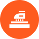 Icon of an iron on orange circle.