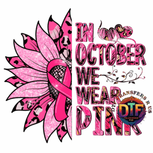 Pink ribbon and text: "In October We Wear Pink".