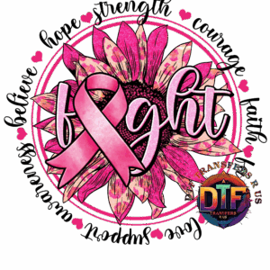 Pink sunflower with ribbon and "fight" text.