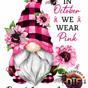 Gnome with pink hat and flowers, October.