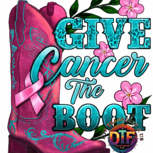 Pink boot with flowers and cancer ribbon.