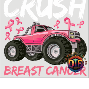 Pink truck with breast cancer awareness ribbons.