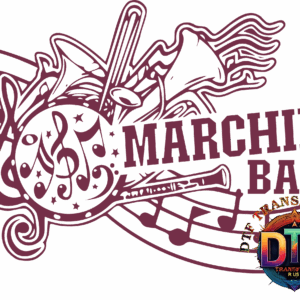Marching band illustration with musical notes.