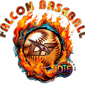 Flaming baseball with Falcon Baseball text.