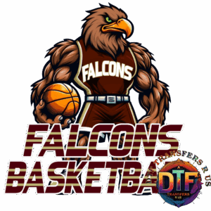 Falcon mascot holding basketball, "Falcons Basketball".