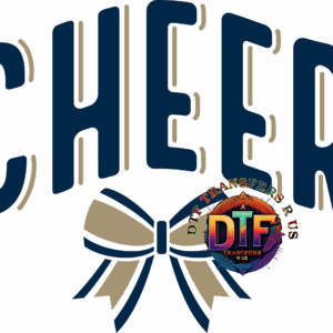 Cheer text with bow and colorful logo.