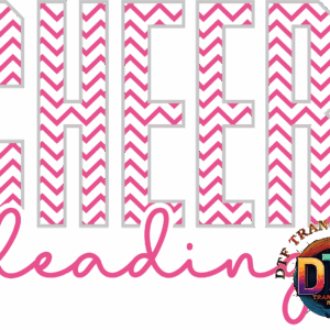 Pink chevron "CHEERleading" text with logo.