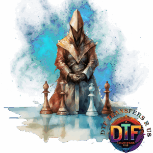 Hooded figure with chess pieces, cosmic background.