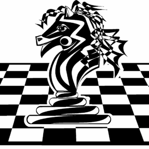 Silhouette of knight chess piece on board.