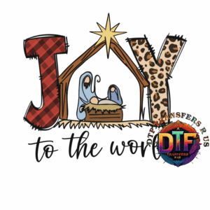 Joy with nativity design on dark background.