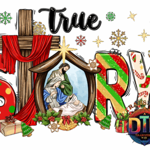 Nativity scene with "True Story" text.