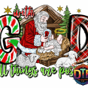 Santa with baby in nativity scene.