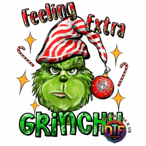 Grinch in striped hat with candy canes.