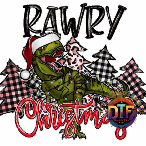 Dinosaur with Santa hat and Christmas decorations.