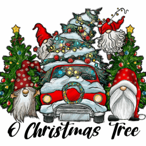 Gnomes and Christmas tree on red truck.