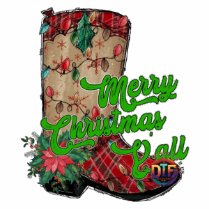 Christmas boot with lights and festive text.