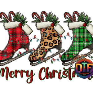 Plaid and leopard Christmas ice skates graphic.