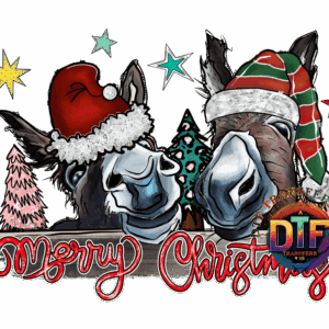 Donkeys in Christmas hats with festive decorations.