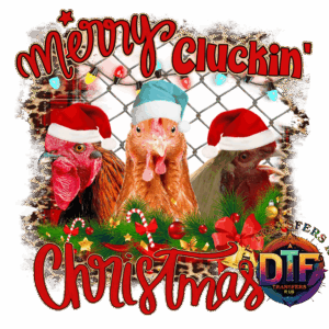 Chickens in Christmas hats with festive text.
