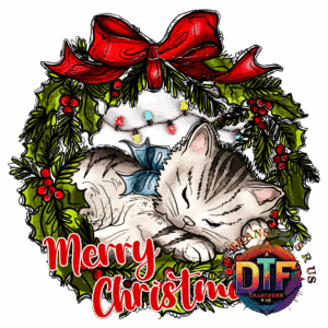 Sleeping cat in Christmas wreath design.