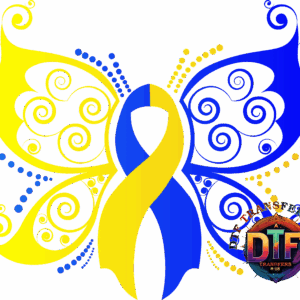 Colorful butterfly design with swirls and ribbon.