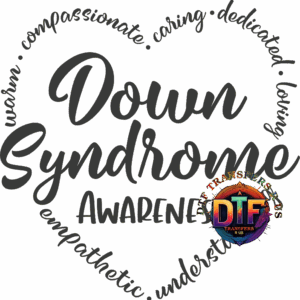 Down Syndrome Awareness heart-shaped text design.