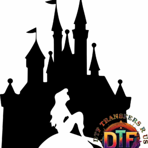 Colorful DTF Transfers logo on black background.