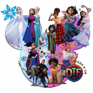 Disney characters collage with colorful background.