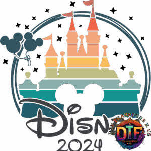 Colorful castle silhouette with "Disney 2024" text.