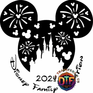 Mickey Mouse shapes and colorful DTF logo.