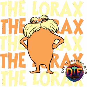 The Lorax character with repeated background text.