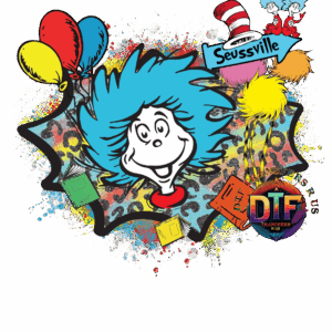 Colorful cartoon character with balloons and books.