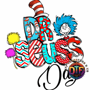 Colorful Dr. Seuss text with characters.