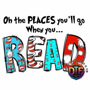 Colorful "READ" with whimsical hat patterns.