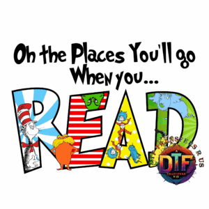 Colorful "READ" letters with cartoon designs.