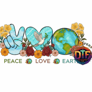 Peace, love, and Earth with floral design.