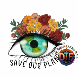 Eye with colorful flowers and logo.
