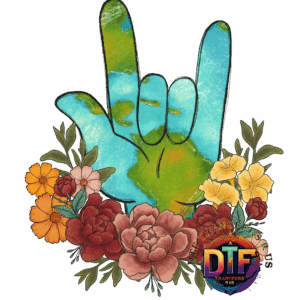 Hand sign with flowers and colorful logo.