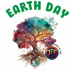 Colorful tree with "Earth Day" text.