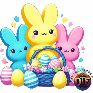 Colorful bunnies with Easter eggs basket.