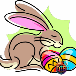 Cartoon rabbit with colorful Easter eggs.