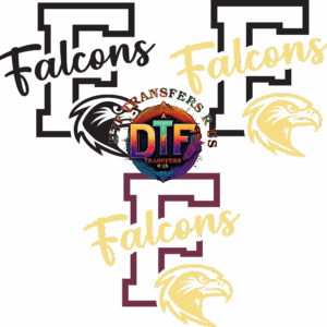 Falcons logos with colorful DTF emblem.