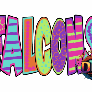 Colorful "Falcons" text with star patterns.