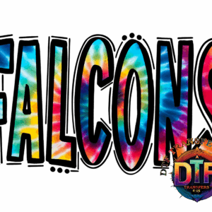 Colorful 'FALCONS' text with logo.