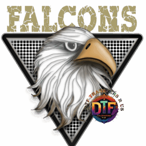 Falcon graphic with triangle background and logo.