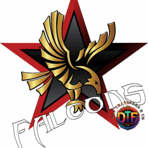 Golden falcon emblem with red star background.