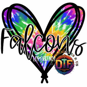 Tie-dye heart with "Falcons" text overlay.