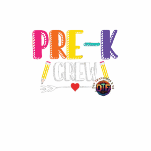 Colorful "Pre-K Crew" text with pencils, heart.