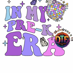 Colorful text with butterflies and disco ball.