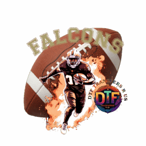 Football player with flaming ball, "FALCONS" text.